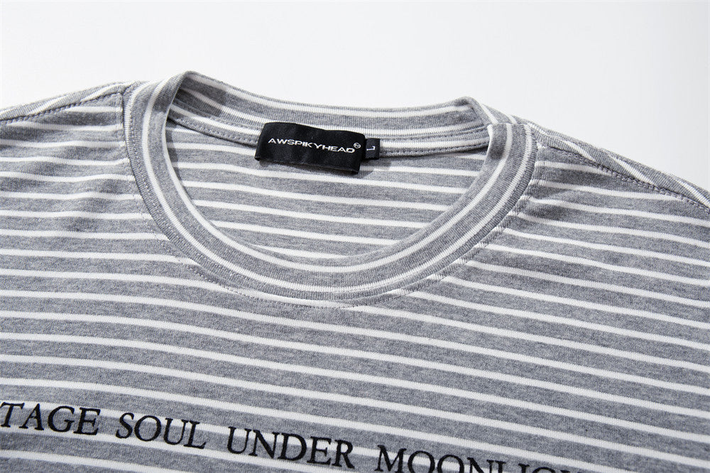 Striped Long-Sleeve Graphic T-Shirt – Vintage Soul Under Moonlight Print