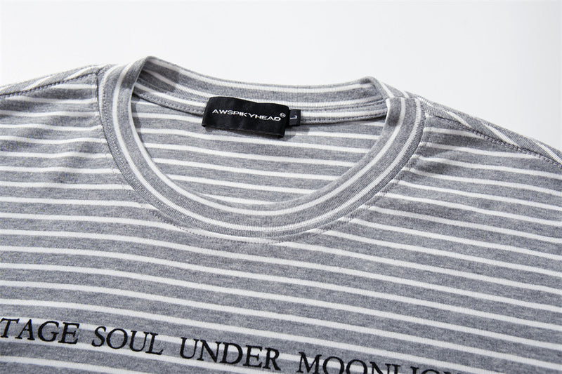 Striped Long-Sleeve Graphic T-Shirt – Vintage Soul Under Moonlight Print
