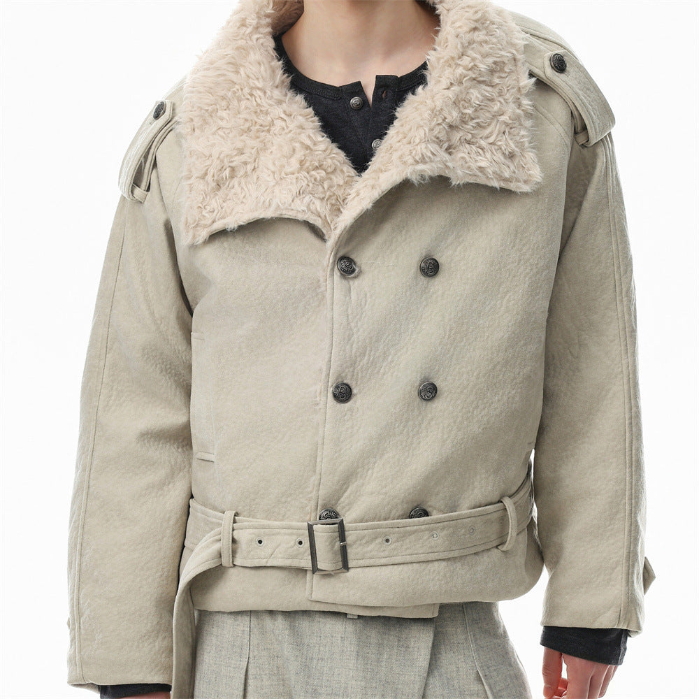 Men's double-breasted sherpa-collar belted jacket in cream with epaulettes and metal buttons