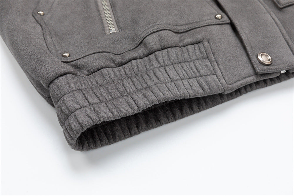 Men's Oversized Bomber Jacket – Grey Suede-Touch Fabric with Stud Details & Zip
