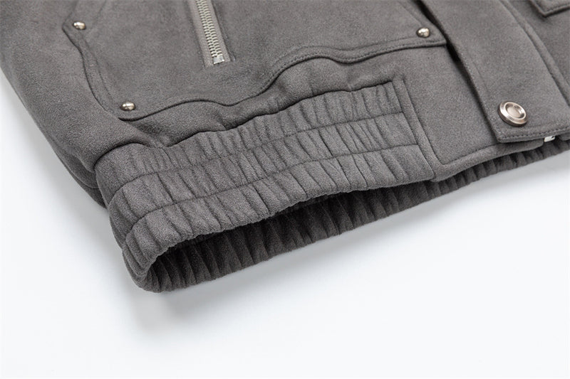 Men's Oversized Bomber Jacket – Grey Suede-Touch Fabric with Stud Details & Zip
