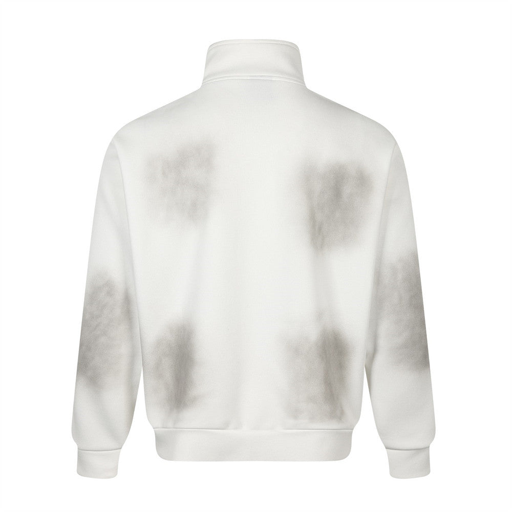 Zip-Up Track Jacket with Stripe Sleeves & Distressed Wash
