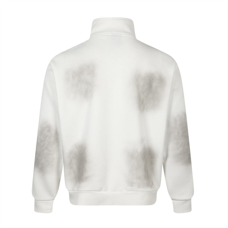 Zip-Up Track Jacket with Stripe Sleeves & Distressed Wash