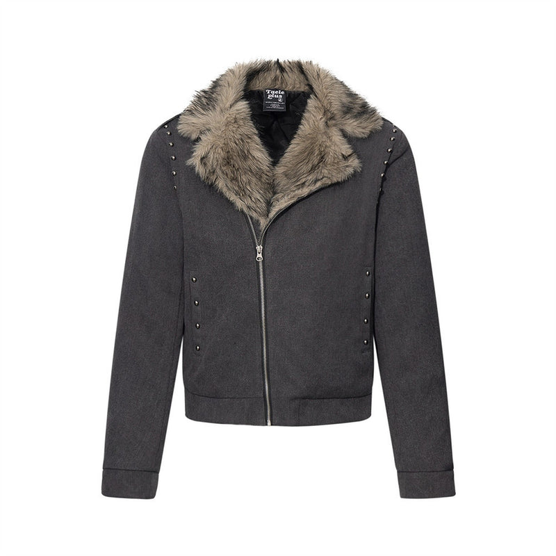 Veste moto homme à col en fausse fourrure – Zip diagonal, détails cloutés, gris anthracite