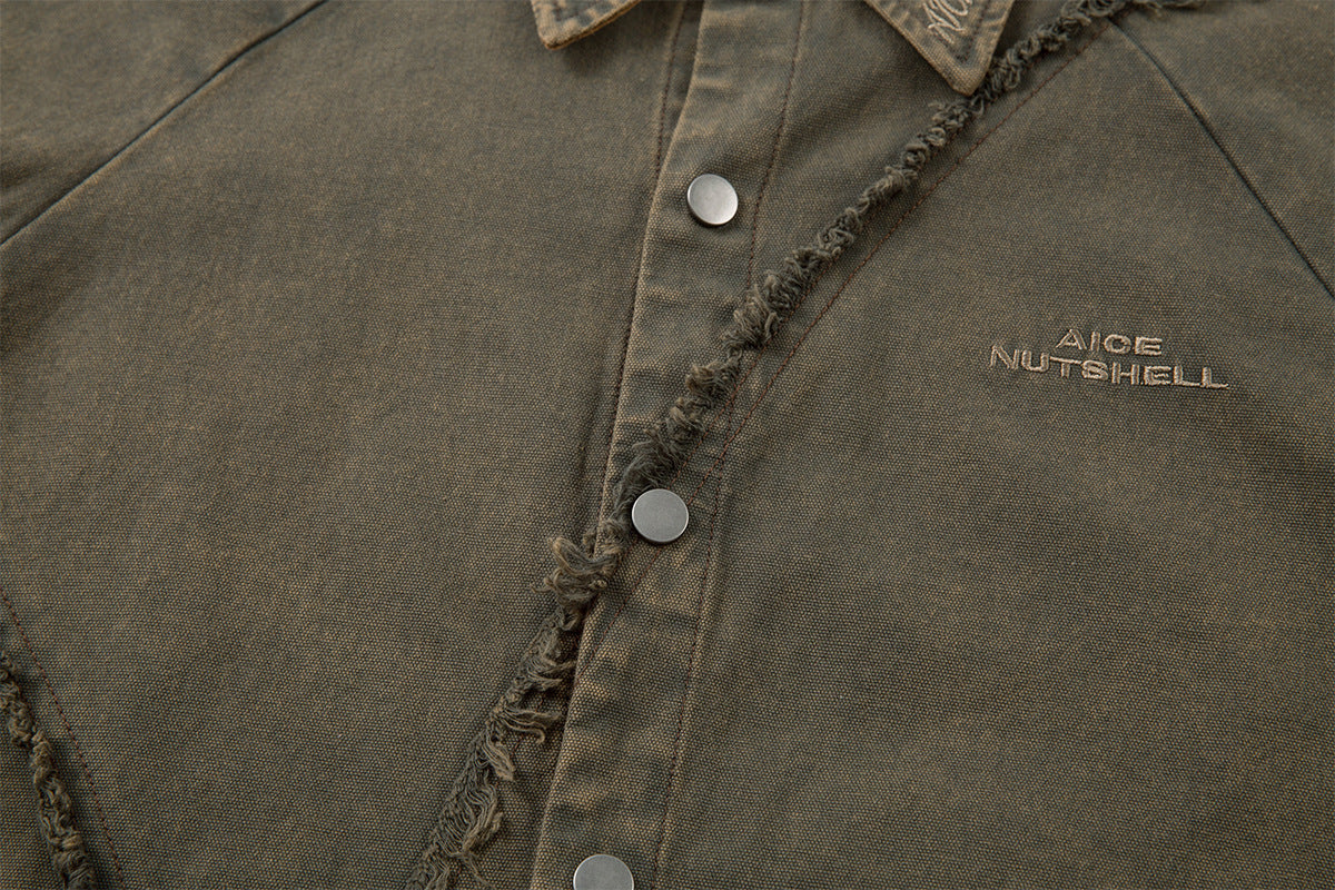 Veste-chemise en jean délavé effiloché – Surchemise patchwork déconstruite
