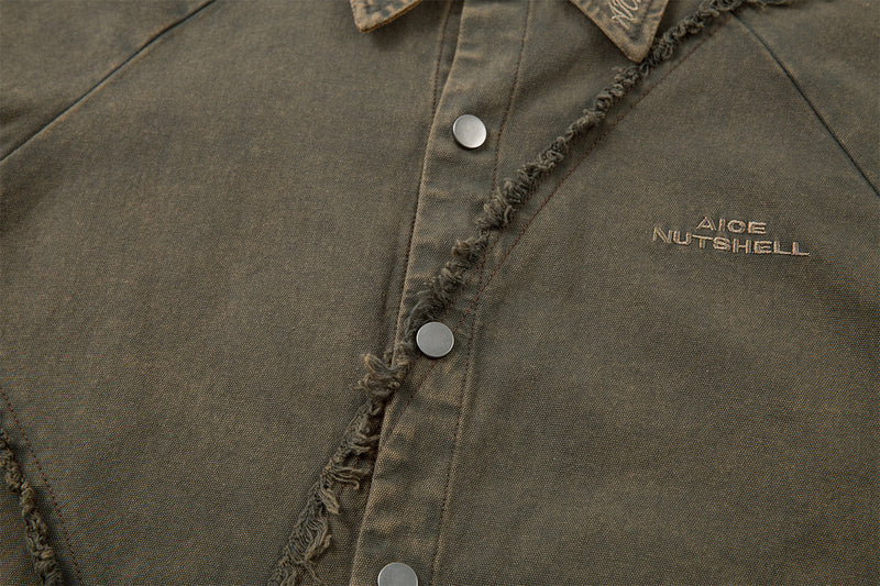 Veste-chemise en jean délavé effiloché – Surchemise patchwork déconstruite