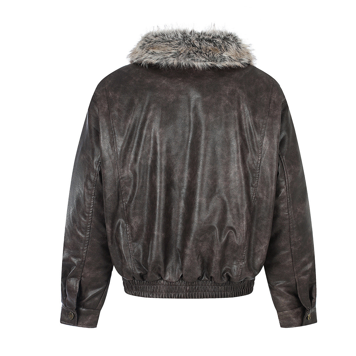 Back view of a brown faux leather bomber jacket with gray fur collar