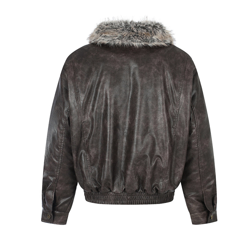 Back view of a brown faux leather bomber jacket with gray fur collar