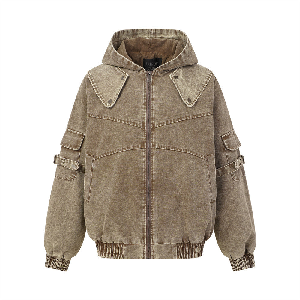 Veste bomber à capuche oversize délavée et usée, empiècements pressionnés sur la poitrine et sangles à boucle aux manches, coloris kaki marron