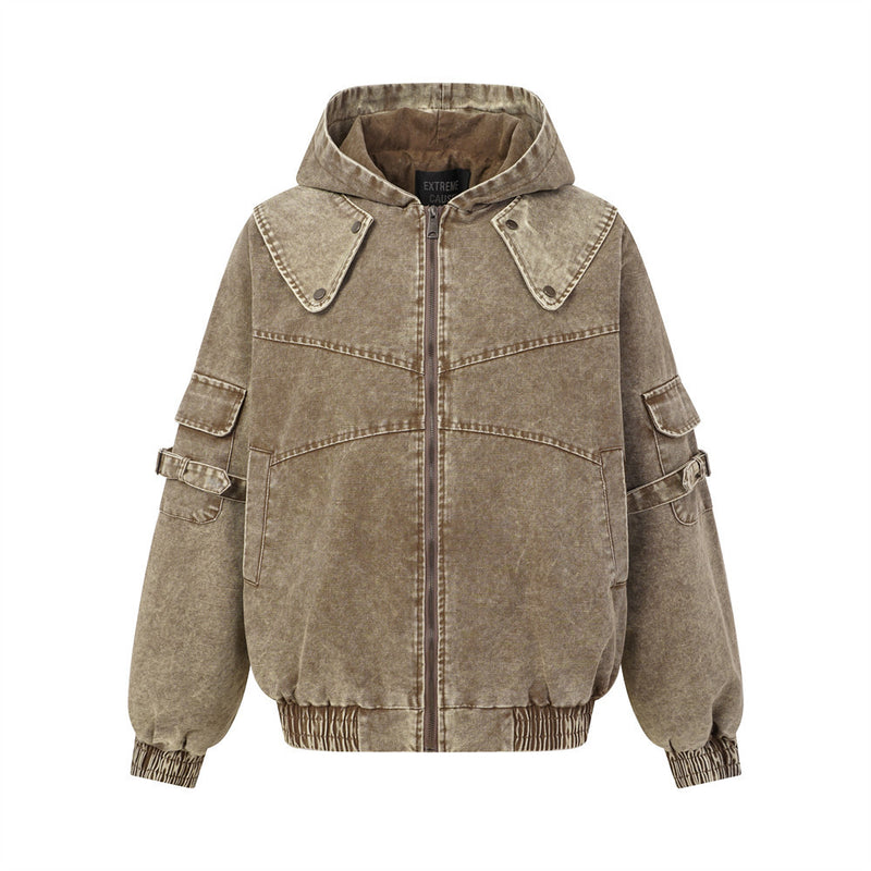 Veste bomber à capuche oversize délavée et usée, empiècements pressionnés sur la poitrine et sangles à boucle aux manches, coloris kaki marron