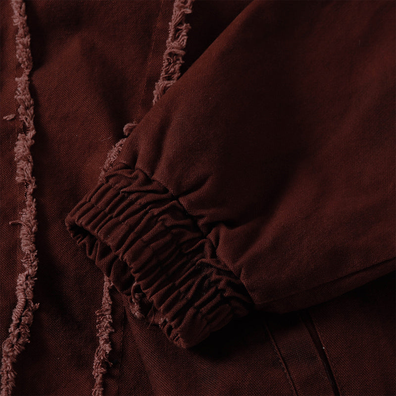 Men's Washed Distressed Zip-Up Hooded Jacket with Raw-Edge Patchwork