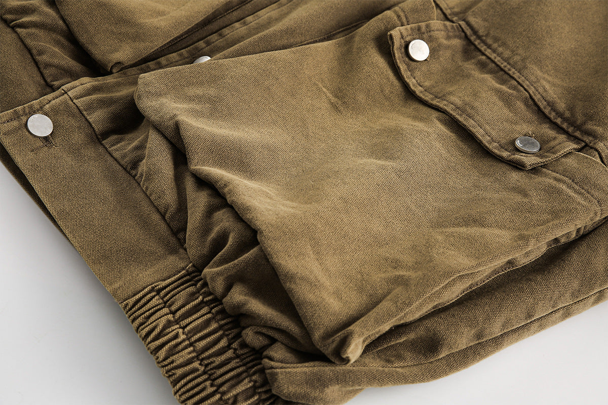 Blouson bomber homme en toile canvas délavée avec grandes poches cargo et col à boucle