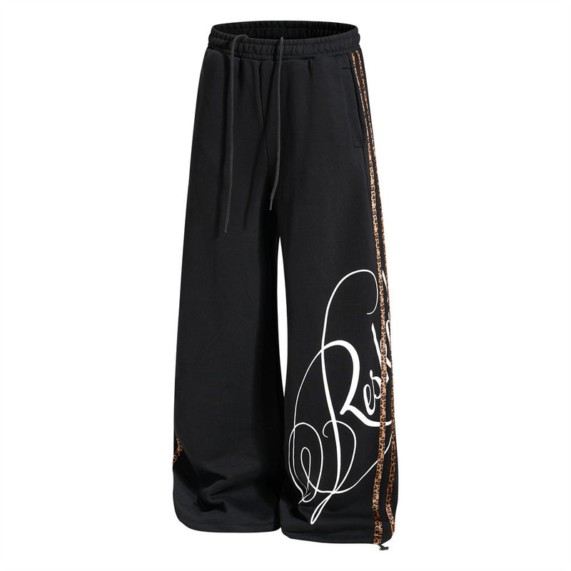 Dark Streetwear Wide-Leg Sweatpants with Leopard Side Tape & Script Print