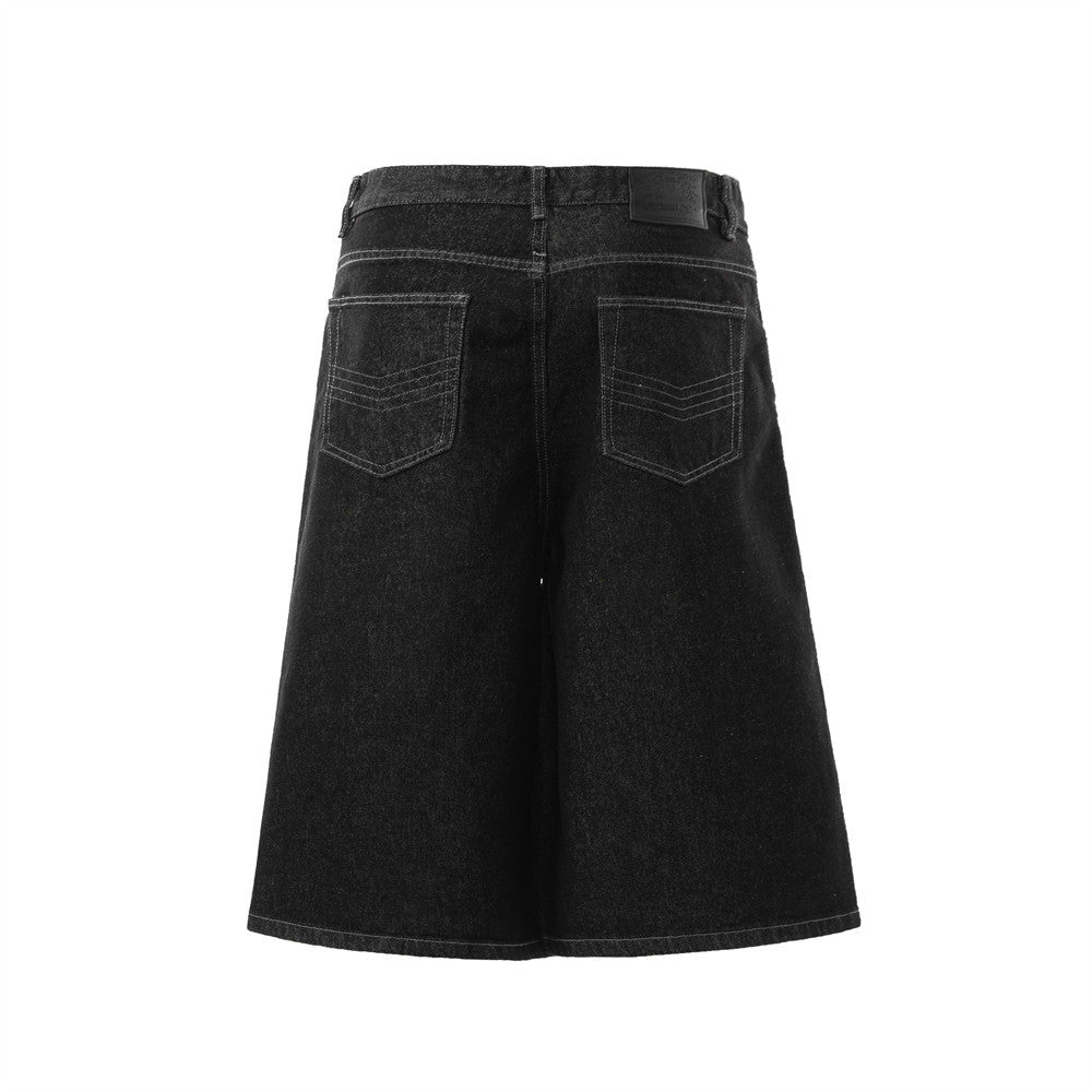 Black Denim Wide-Leg Shorts with Diagonal Button Placket