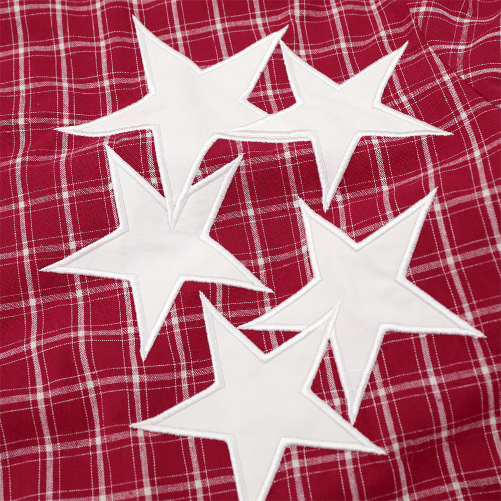 Mens Red Button Up Shirt Plaid Star Patch Long Sleeve Oversized Flannel