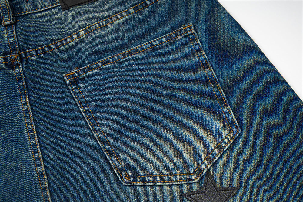Gothic Old English Letter Print Washed Straight-Leg Jeans