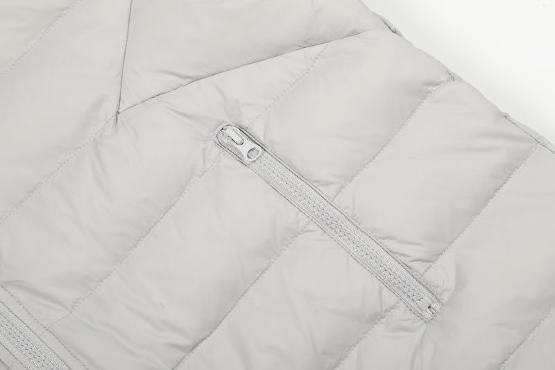 Hooded Puffer Down Jacket – Quilted Winter Coat in Light Gray & Black