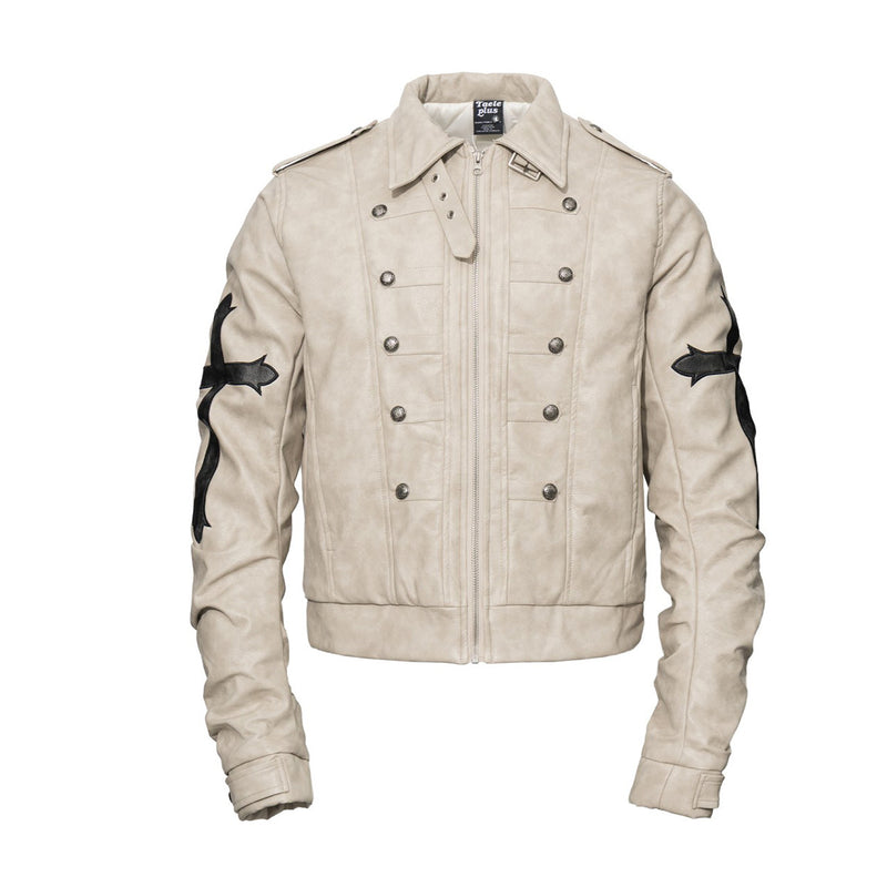 Gothic Cross Moto Jacket – Padded Faux Leather with Military Buttons & Cross