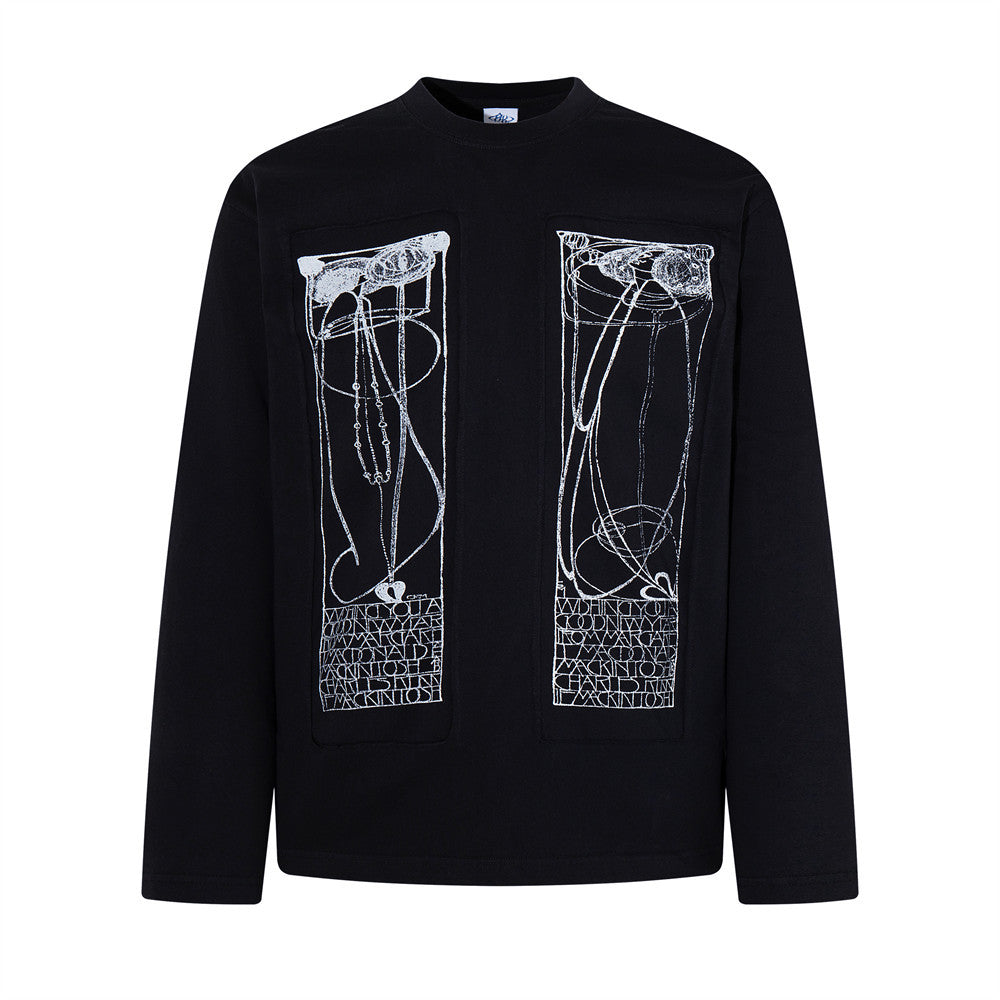 T-shirt oversize noir à manches longues et col rond, double imprimé artistique abstrait inspiré de Mackintosh sur le devant de la poitrine