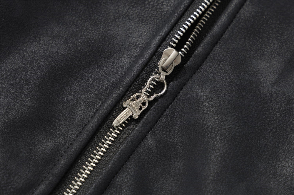 Black Punk PU Leather Hooded Jacket with Faux Fur Trim & Buckle Strap Sleeves