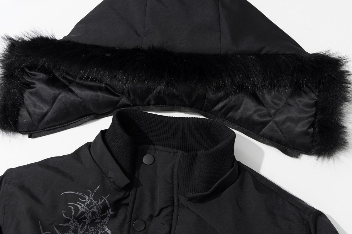 Men's Faux Fur Hood Bomber Jacket – Black Gothic Graphic Padded Coat
