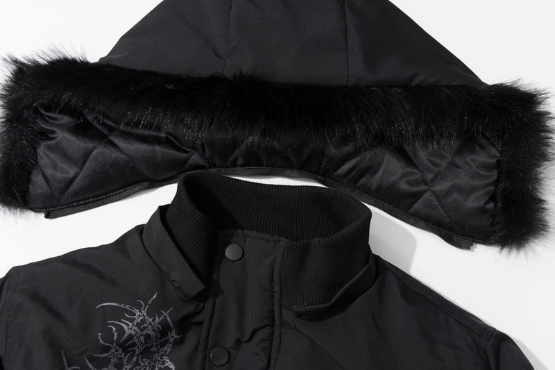 Men's Faux Fur Hood Bomber Jacket – Black Gothic Graphic Padded Coat