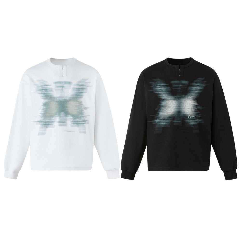 Oversized Butterfly Blur Graphic Long Sleeve Sweatshirt – Relaxed Fit Henley