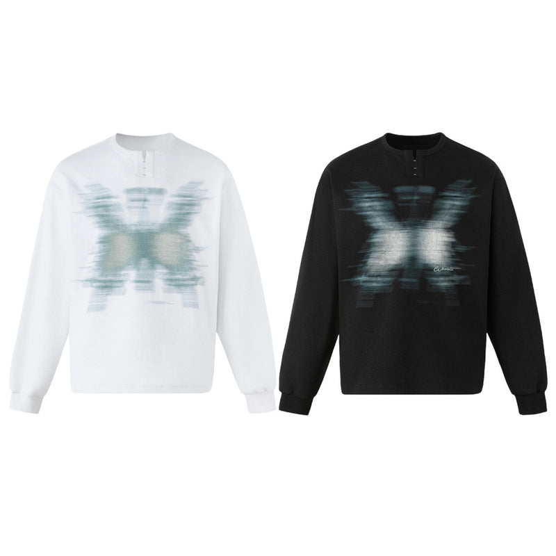 Oversized Butterfly Blur Graphic Long Sleeve Sweatshirt – Relaxed Fit Henley