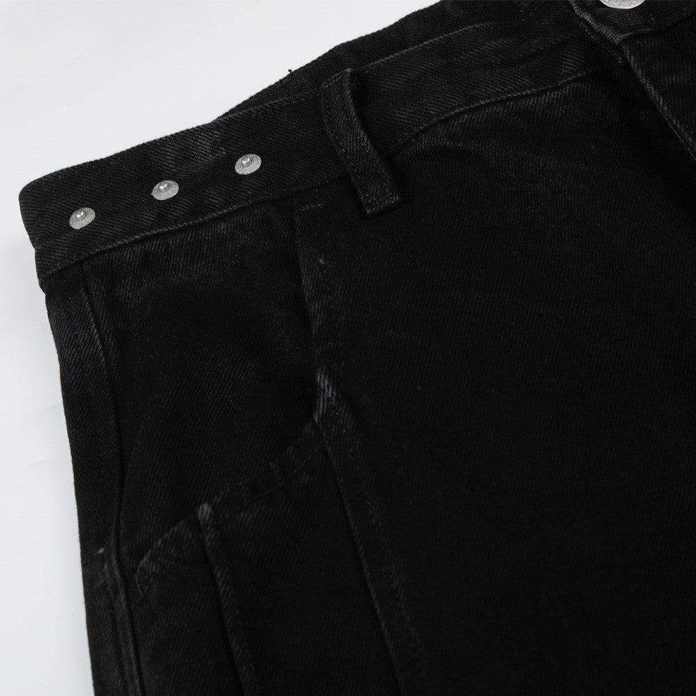 Wide-Leg Cargo Jeans – Pleated Multi-Pocket Washed Black Denim