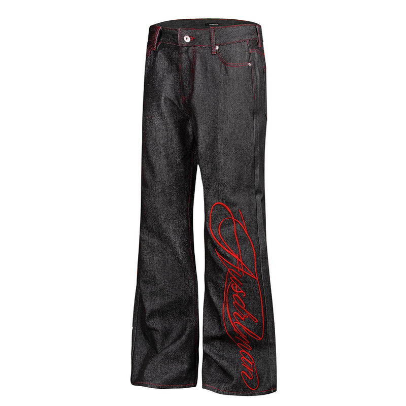 Jean noir homme bootcut avec broderie script – Denim à jambes évasées