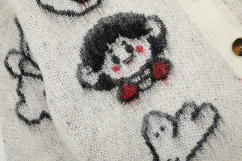 Cartoon Character Knit Cardigan Sweater – Cropped Collared Button-Up