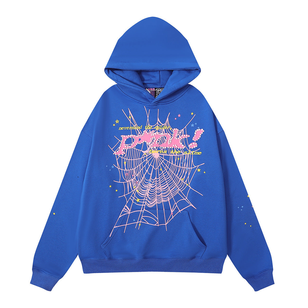 The Sp5der “P!nk! Nevermind the Spark” Hoodie in royal blue is a 440GSM heavyweight streetwear pullover featuring a bold spiderweb graphic, pink text, yellow dots, a front pocket, and an attached hood for comfort and style.