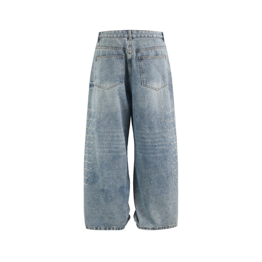 Men's Baggy Wide-Leg Jeans – Studded & Embroidered Washed Denim