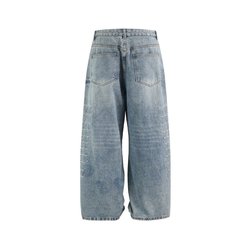Men's Baggy Wide-Leg Jeans – Studded & Embroidered Washed Denim