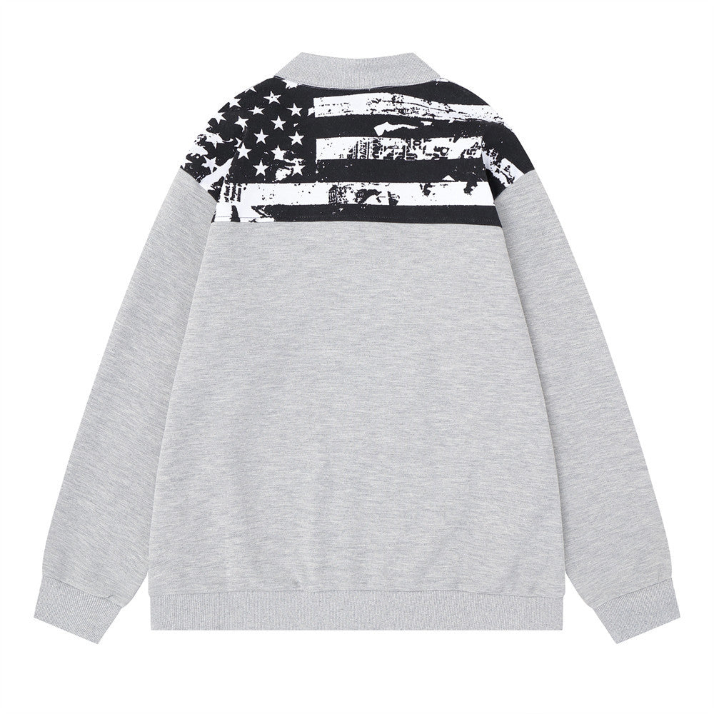 Men's Half-Button Pullover Sweatshirt with Stars & Stripes Flag Print Back
