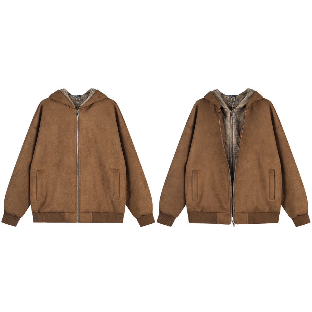 Veste zippée à capuche 2-en-1 – Extérieur effet daim et doublure polaire léopard