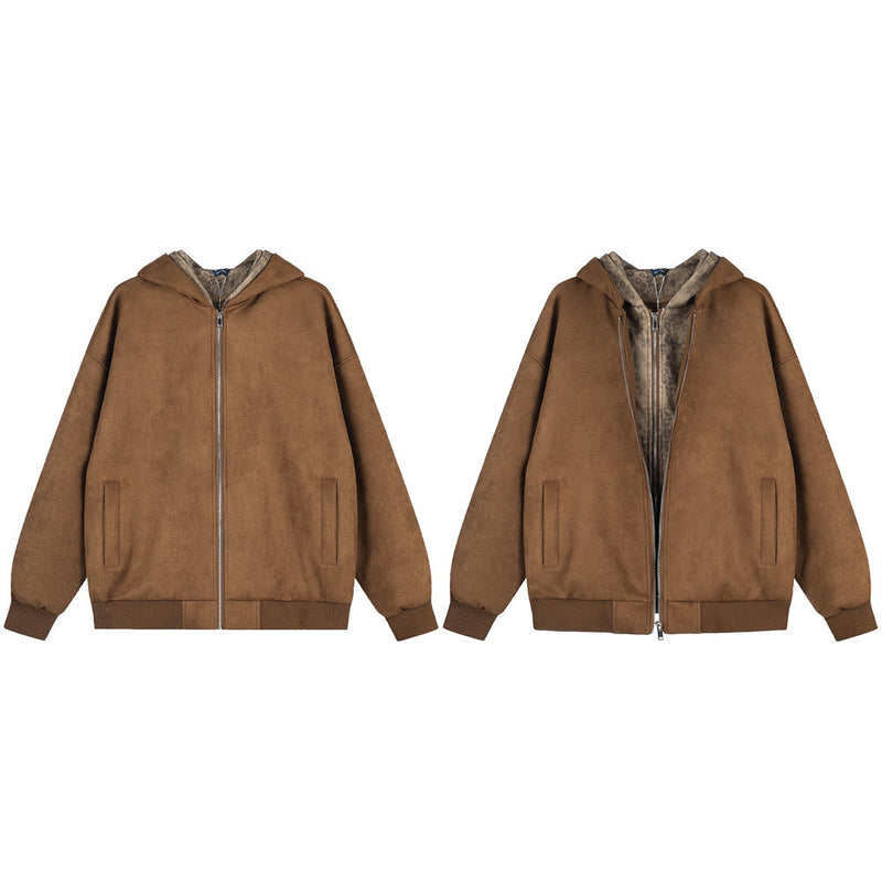 Veste zippée à capuche 2-en-1 – Extérieur effet daim et doublure polaire léopard