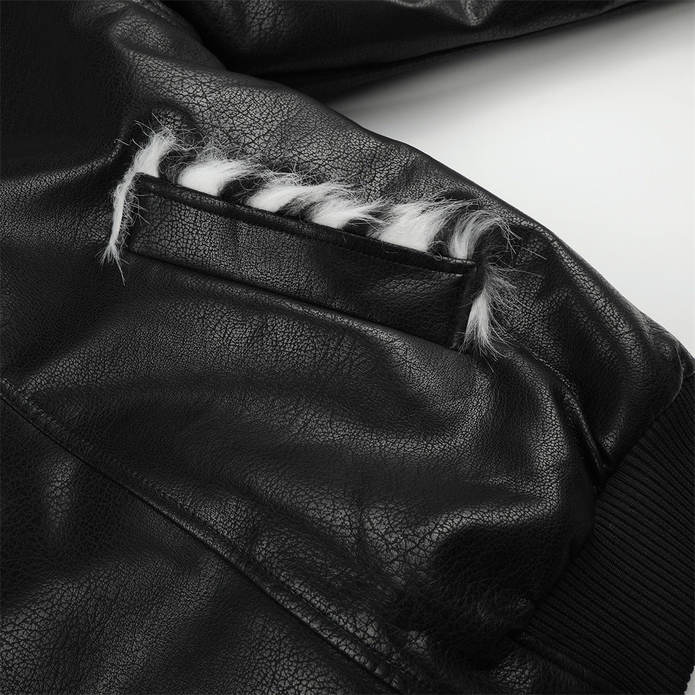 Men's Faux Leather Bomber Jacket with Diagonal Zip & Faux Fur Collar