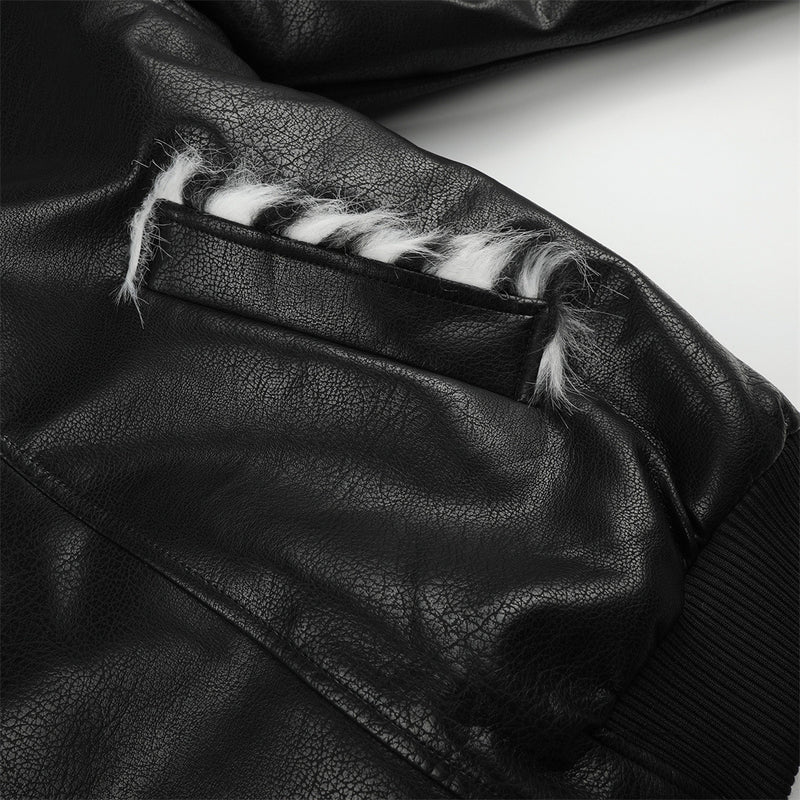 Men's Faux Leather Bomber Jacket with Diagonal Zip & Faux Fur Collar