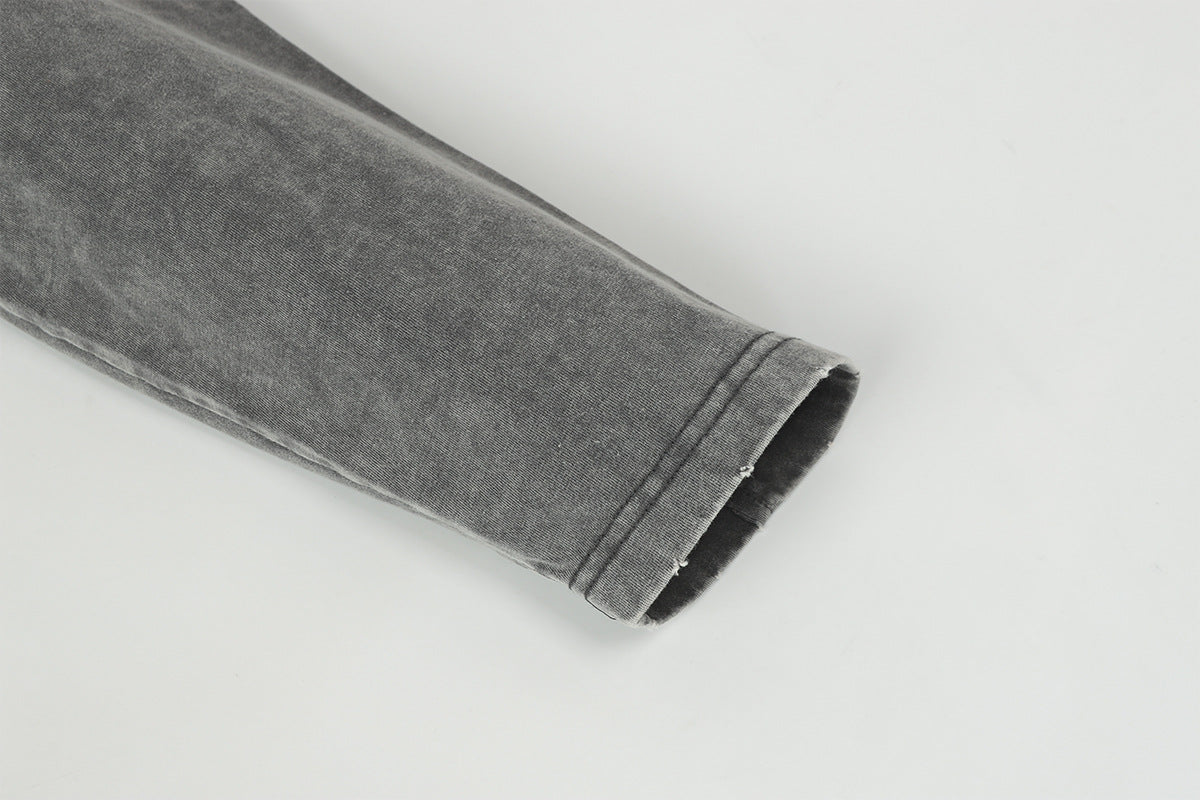 Pull homme gris à col rond – Délavé à l’acide, déstructuré, manches longues à bords bruts