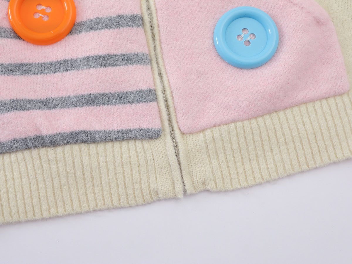 Cartoon Cat Knit Zip-Up Hoodie – Striped Colorblock Cardigan Sweater