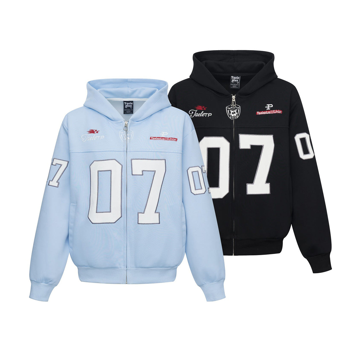 Sweat à capuche bleu zippé intégral avec patch brodé du numéro varsity 07