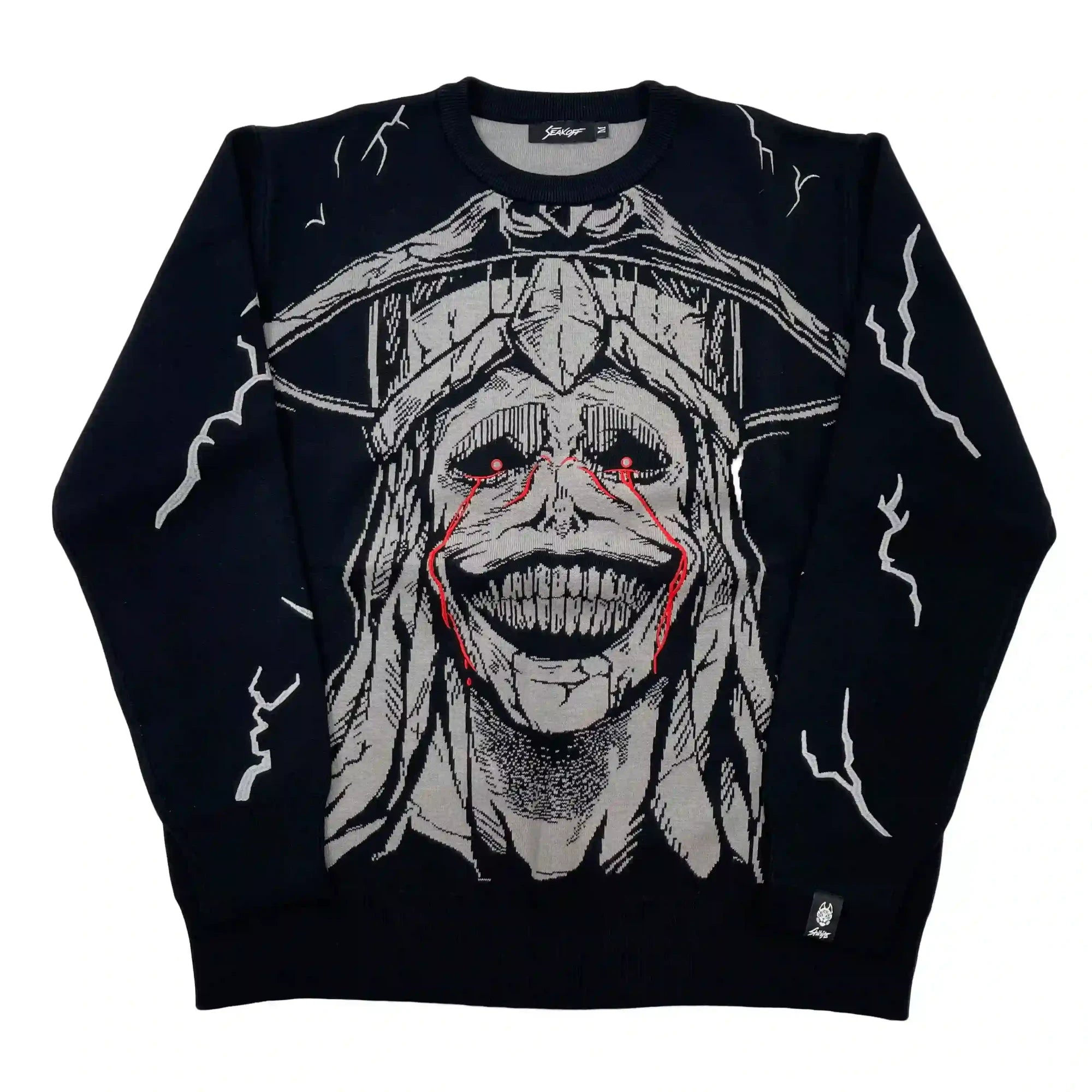 Dark Anime Demon Skull Lightning Jacquard Knit Sweater in Black