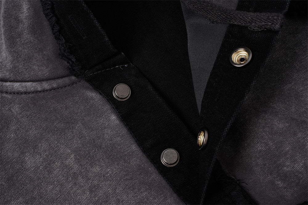 Veste à capuche zippée délavée à l'acide – Patchwork à bords francs et coupe oversize