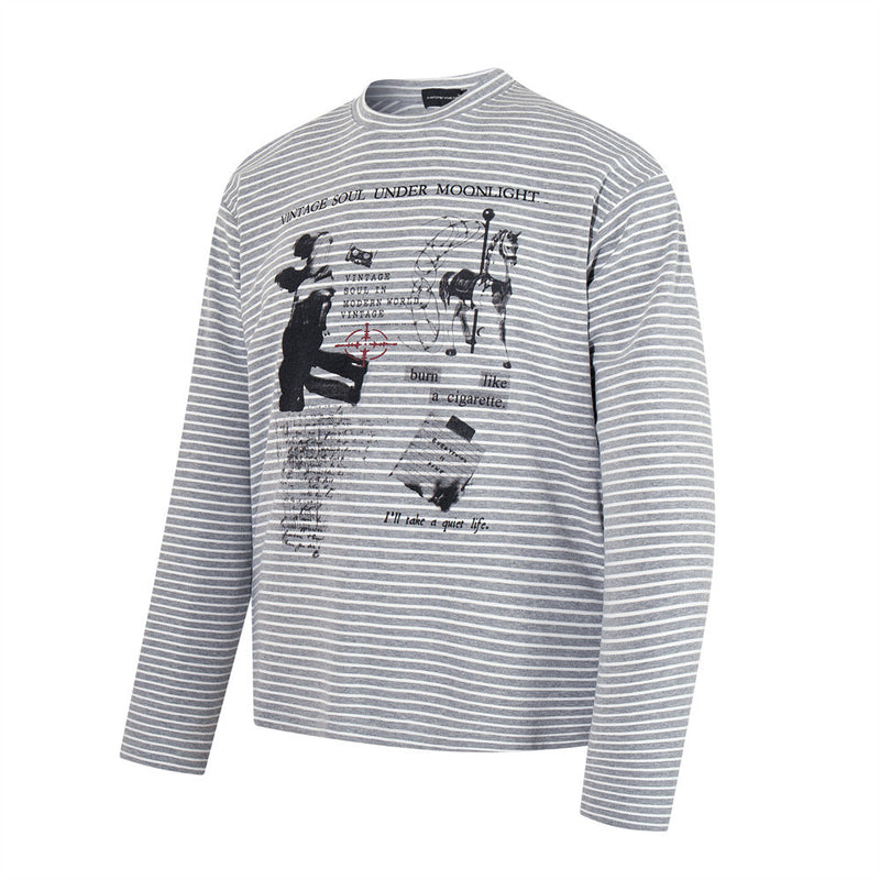 Striped Long-Sleeve Graphic T-Shirt – Vintage Soul Under Moonlight Print