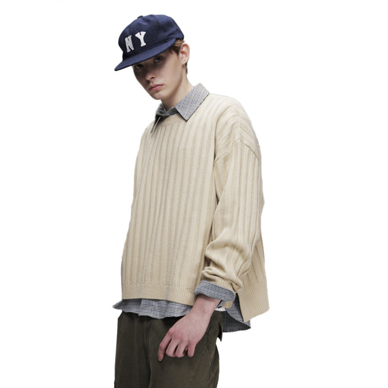 Ribbed Knit Crewneck Sweater — Oversized Fit, Solid Color