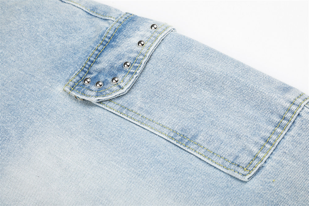 Wide Leg Cargo Jeans with Rhinestone Side Detail & Lace Trim — Light Wash Baggy