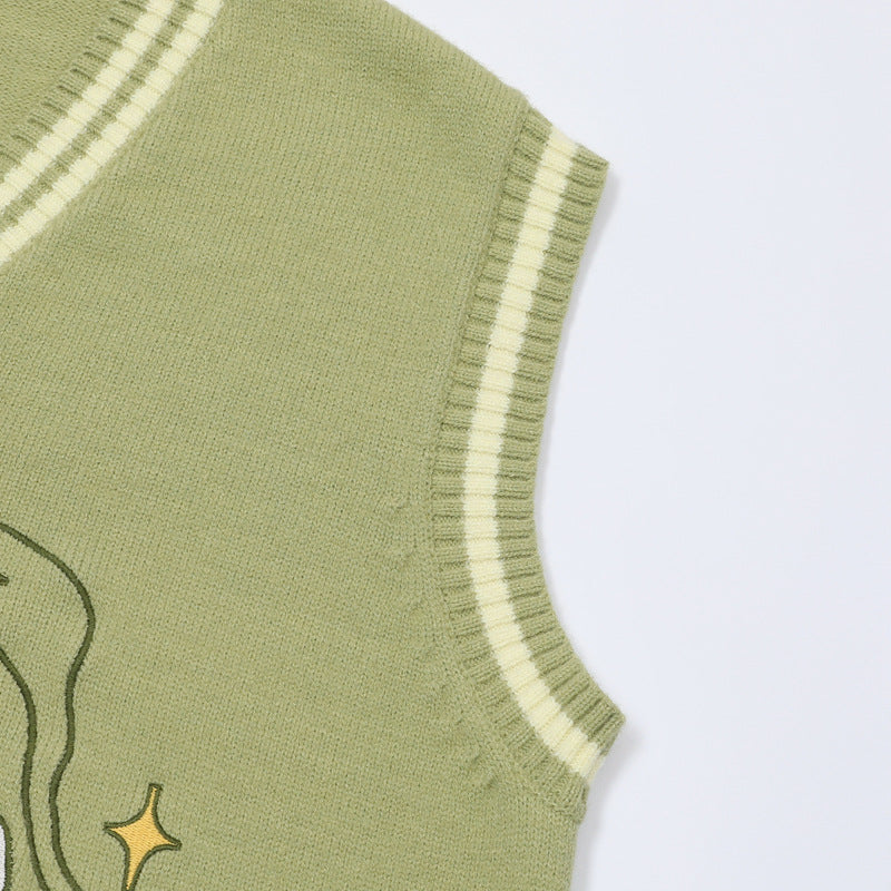 V-Neck Sweater Vests – Cute Dog Clock Jacquard Knit Preppy Style