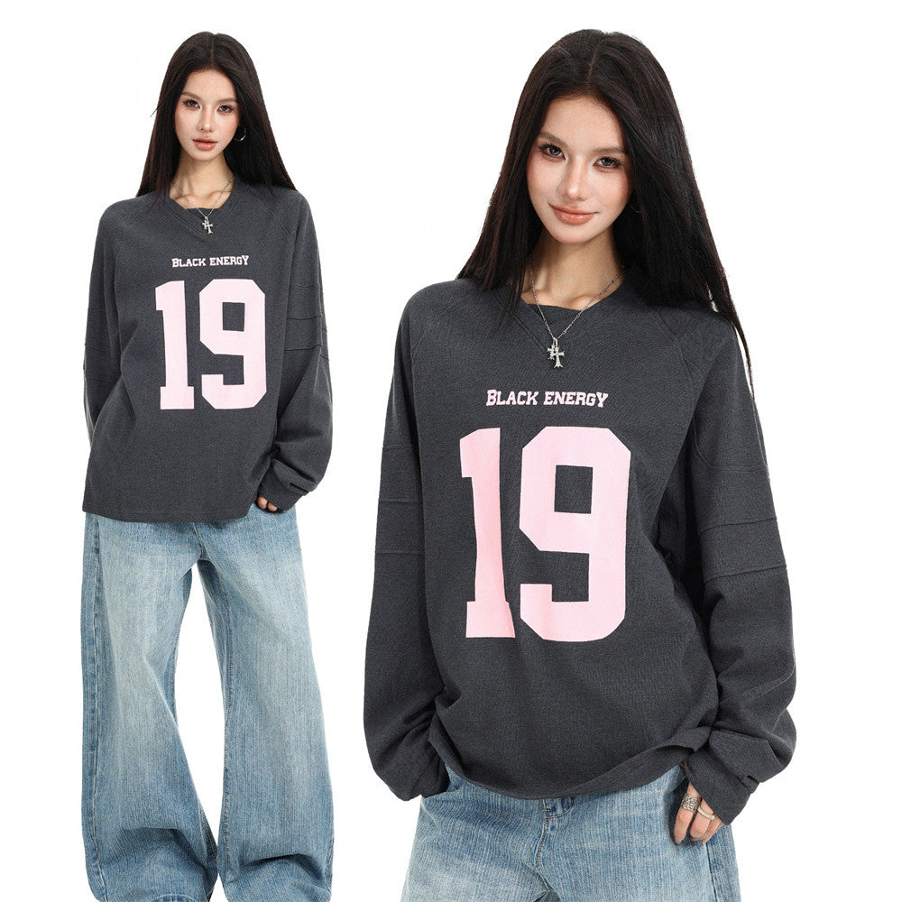 Black Energy No.19 Number Print Long Sleeve Sweatshirt – Oversized V-Neck Sports