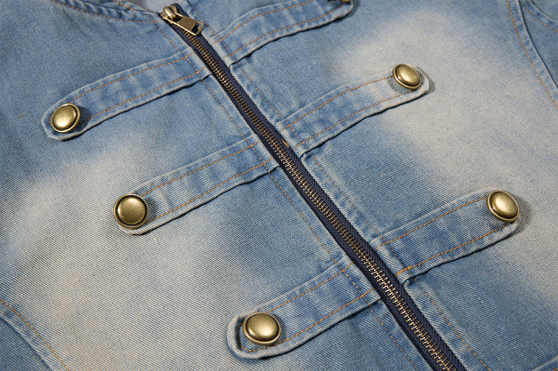 Military-Style Washed Denim Jacket – Stand Collar, Double-Breasted Button Detail